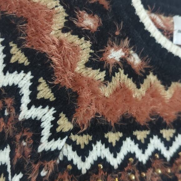 Fair Isle Nordic Knit Boho Pullover Sweater Fringe & Beading Women's Size Large - Picture 4 of 8